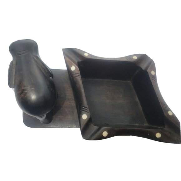 ELEPHANT | Hand Carved wood sculpture w/Tusks Dark wood with attached Dish - Picture 9 of 11